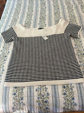 Ann Taylor Black & White Off-the-Shoulder Striped Sweater
